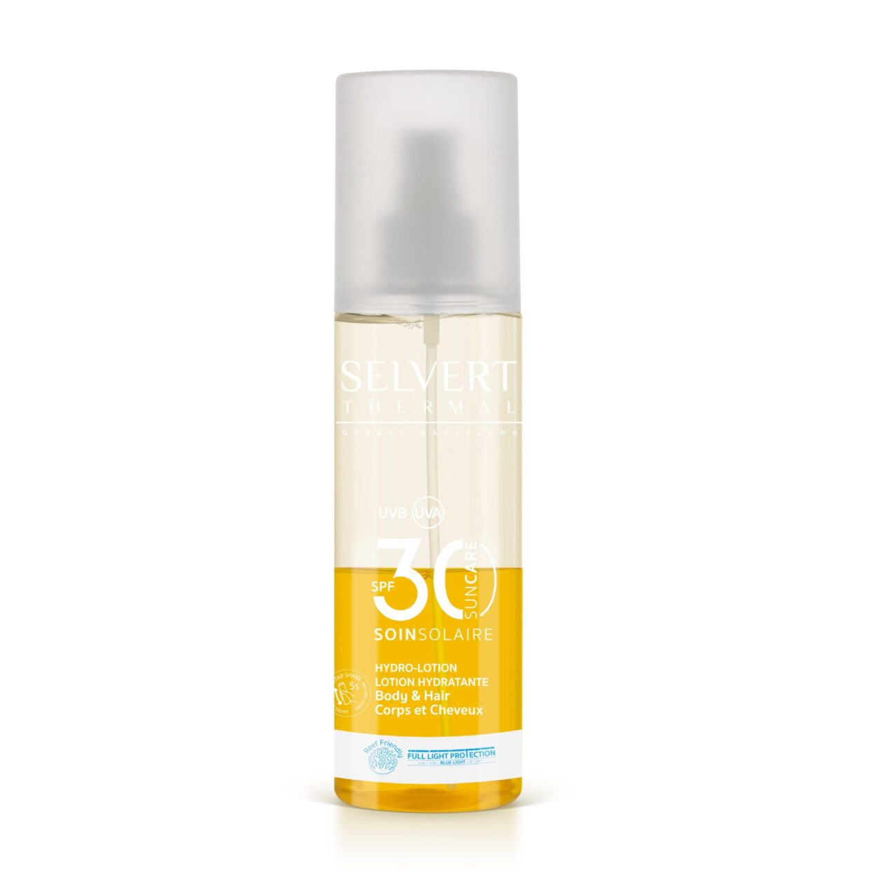 Loción hidratante con protección solar. Cuerpo y cabello SPF 30